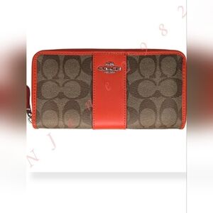 Coach Signature C Zip Long Wallet Brown Khaki Coated Canvas Orange Leather Trim